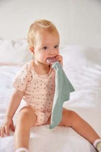 Doudou bébé avec anneau de dentition en caoutchouc naturel, fraise