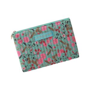 pochette plate a5 matelassée verte fleurs roses la petite cachottiere