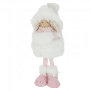 Décoration Noël petite fille dans son manteau en fourrure rose et blanche debout de la marque J-Line