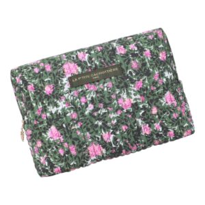 grande trousse de toilette matelassée imprimée rosiers de nuit kaki rose la petite cachottiere (2) (1)
