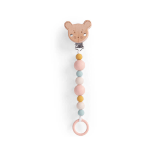 667156 attache tétine bois et silicone souris rose jaune moulin roty (1)