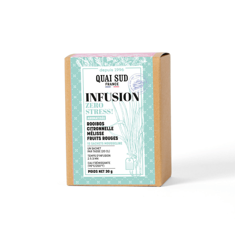 Boite de 15 infusettes d'infusion aromatisée quai sud zéro stress citron mélisse fruits rouges