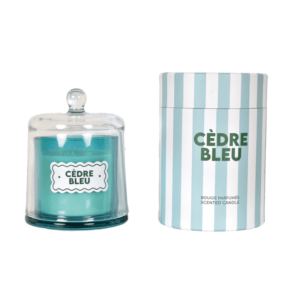 bougie parfumée cèdre bleu colorée sous cloche boite rayée opjet (2)