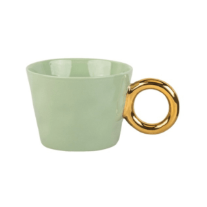 tasse vert amande en faience anse dorée opjet