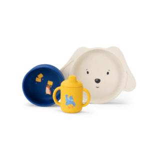 set vaisselle bol assiette tasse d'apprentissage silicone illustré puce & pilou chien moulin roty (8)