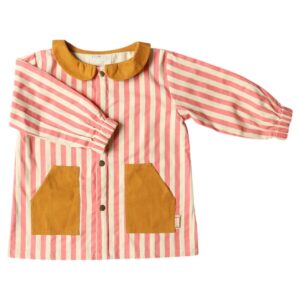 tablier d'école en coton 3-4 ans poches et col camel rayé rose et écru (1) (1)