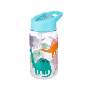 gourde plastique transparente avec paille bleu dinosaures