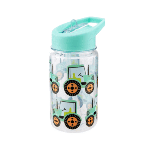 gourde plastique transparente avec paille bleu tracteur