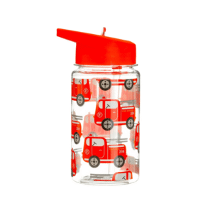 gourde plastique transparente avec paille rouge camion de pompiers