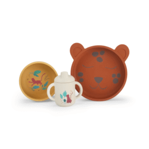 set vaisselle en silicone premiers repas enfant la foret mawa léopard moulin roty (5)